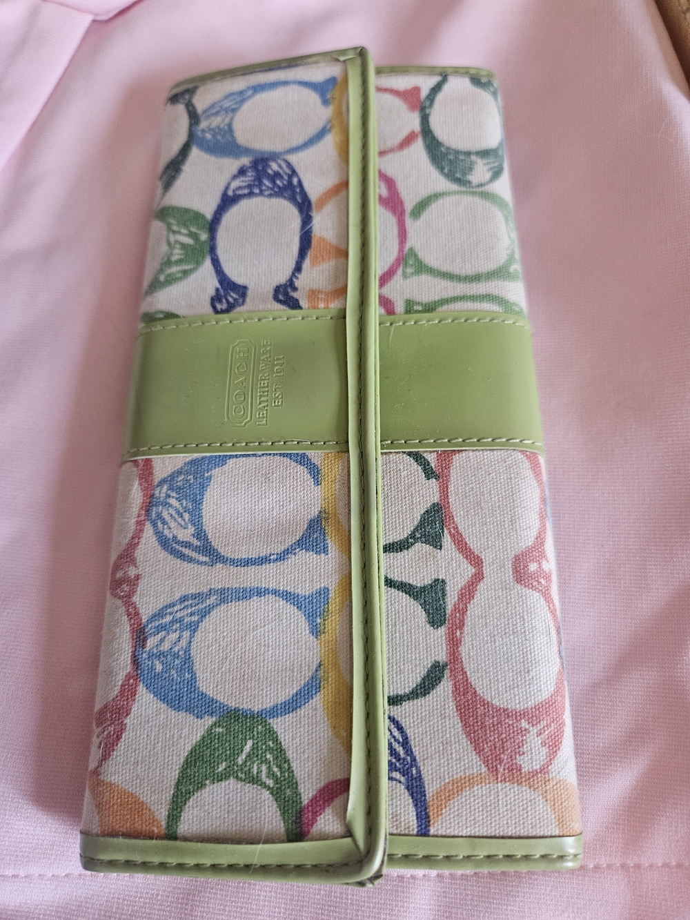 Coach Multicolor Signature C Canvas and Lime Green Leather Wallet